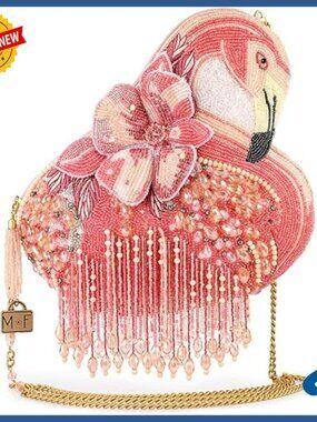 Flamingo-Shaped Beaded Crossbody Clutch with Fringe, Vegan Handbag
